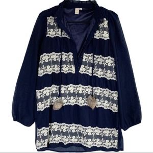 Boutique Lace Detail Mini Dress in Navy & Cream M